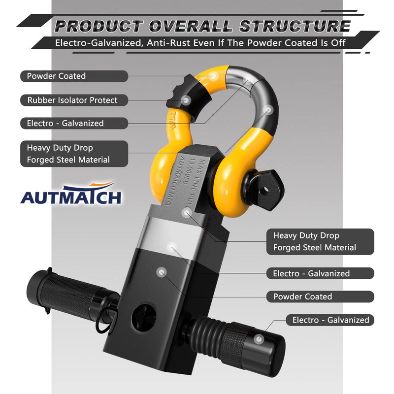 AUTMATCH Shackle Hitch Receiver 2 Inch - 3/4"" D Ring Shackle and 5/8"" Trailer Hitch Lock Pin  45 000 Lbs Break Strength Heavy Duty Receiver Towing Kit for Off-Road Vehicle Recovery  Black & Yellow - Image 4